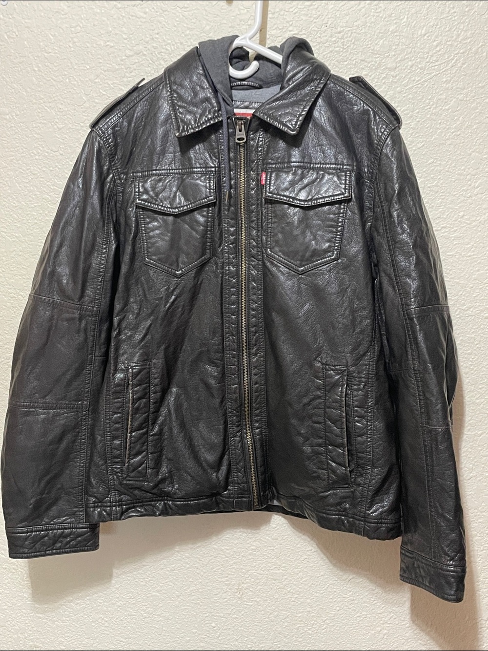 Levi's Mens Black Faux Leather Jacket With Hoodie Lining. Good Condition. Size M